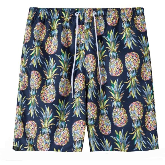 Trunks Mens Navy Blue Pineapple Print Swim Shorts Drawstring Waist size 2XL NWT - Picture 1 of 11